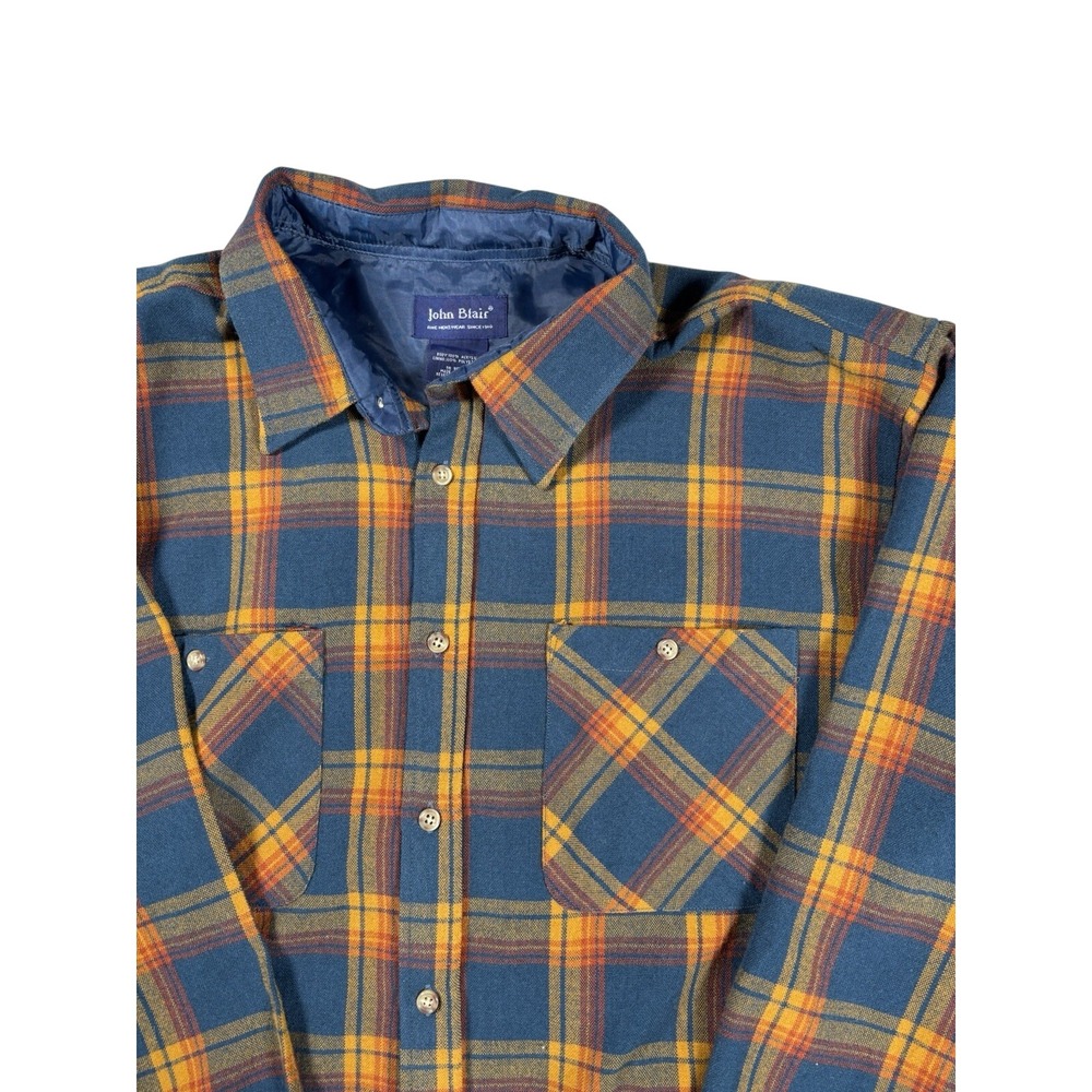 VTG John Blair Mens Plaid Flannel Shirt Jacket Blue Orange Lined Button Up